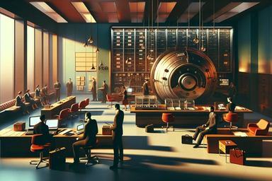 A spacious bank vault interior with a large safe
