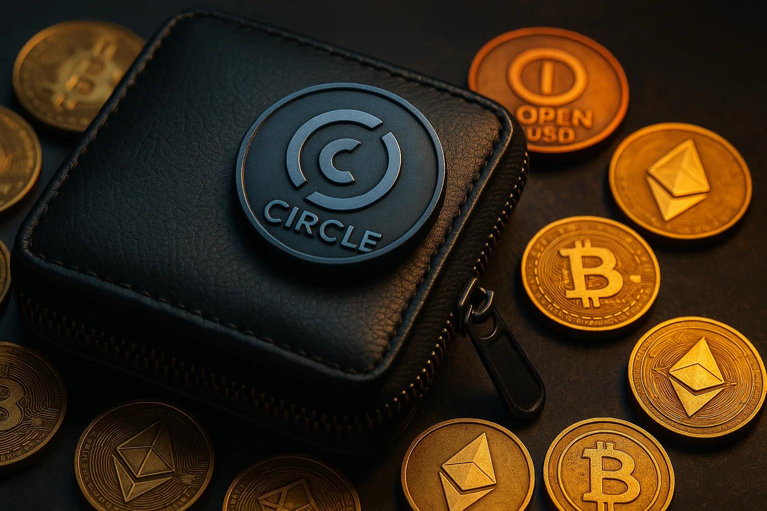Black leather wallet with a logo surrounded by