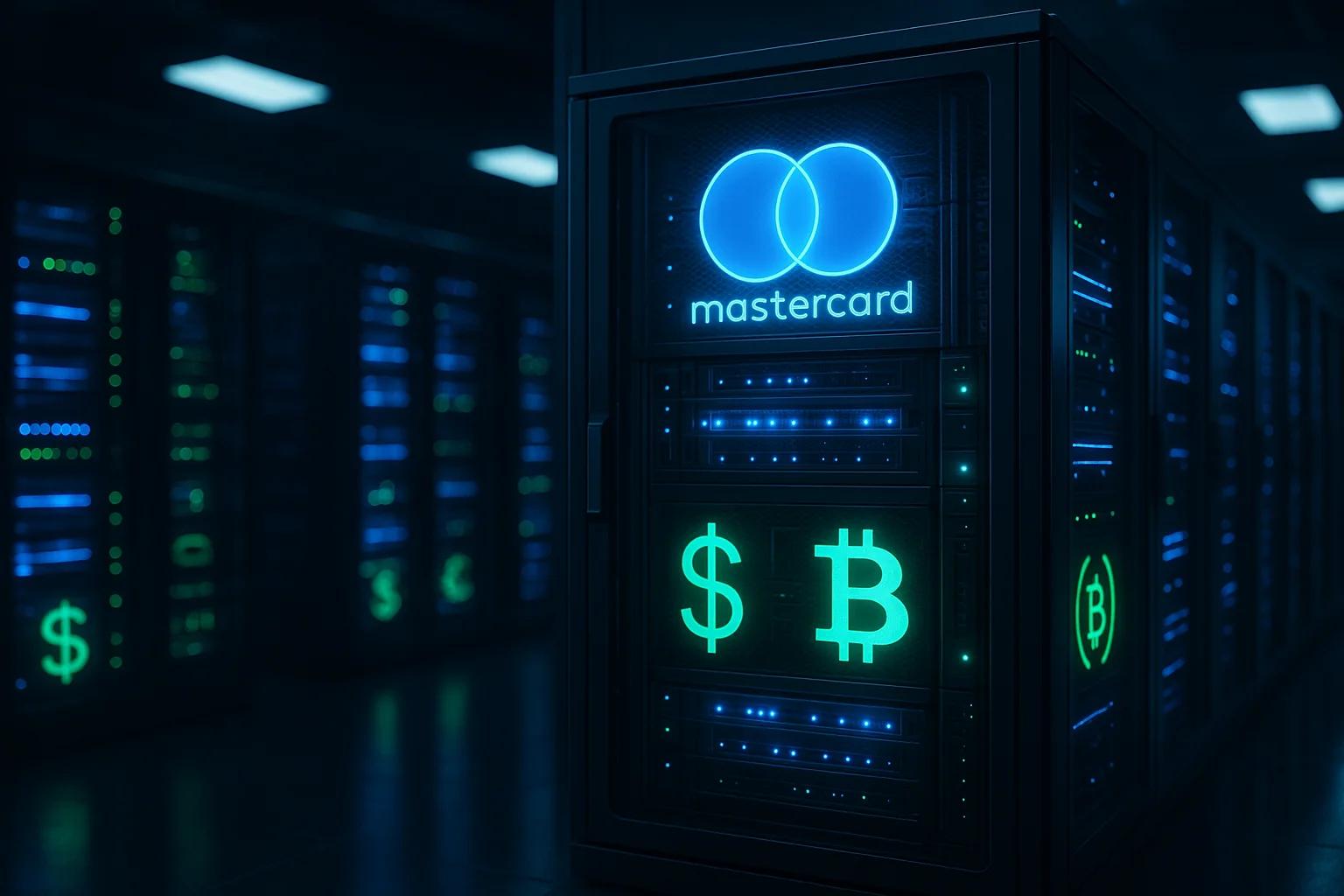Dark server room with illuminated panels and