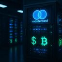 Dark server room with illuminated panels and