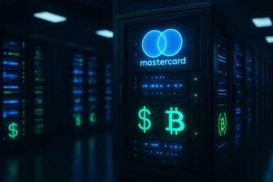 Dark server room with illuminated panels and