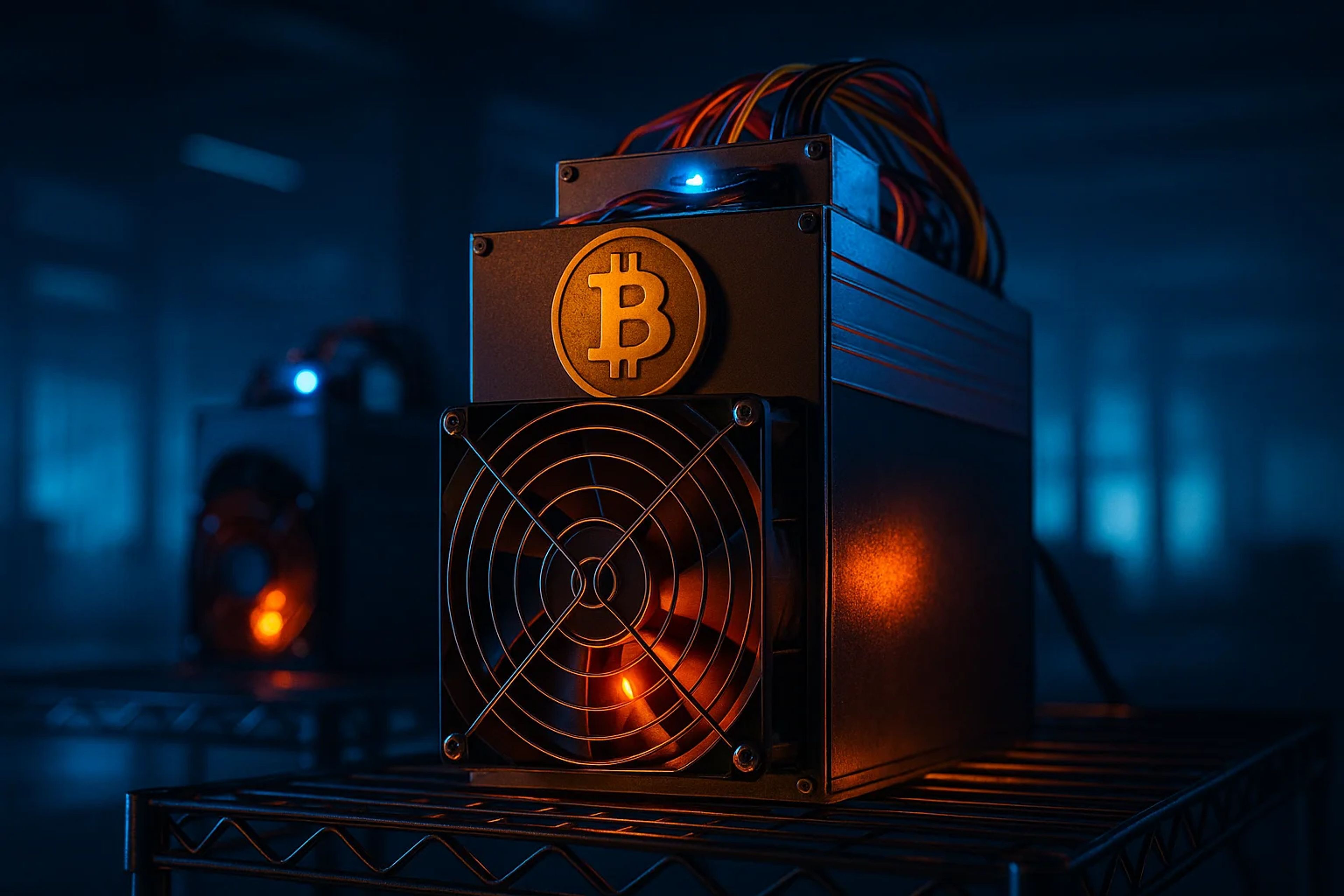 A Bitcoin mining machine on a metal shelf