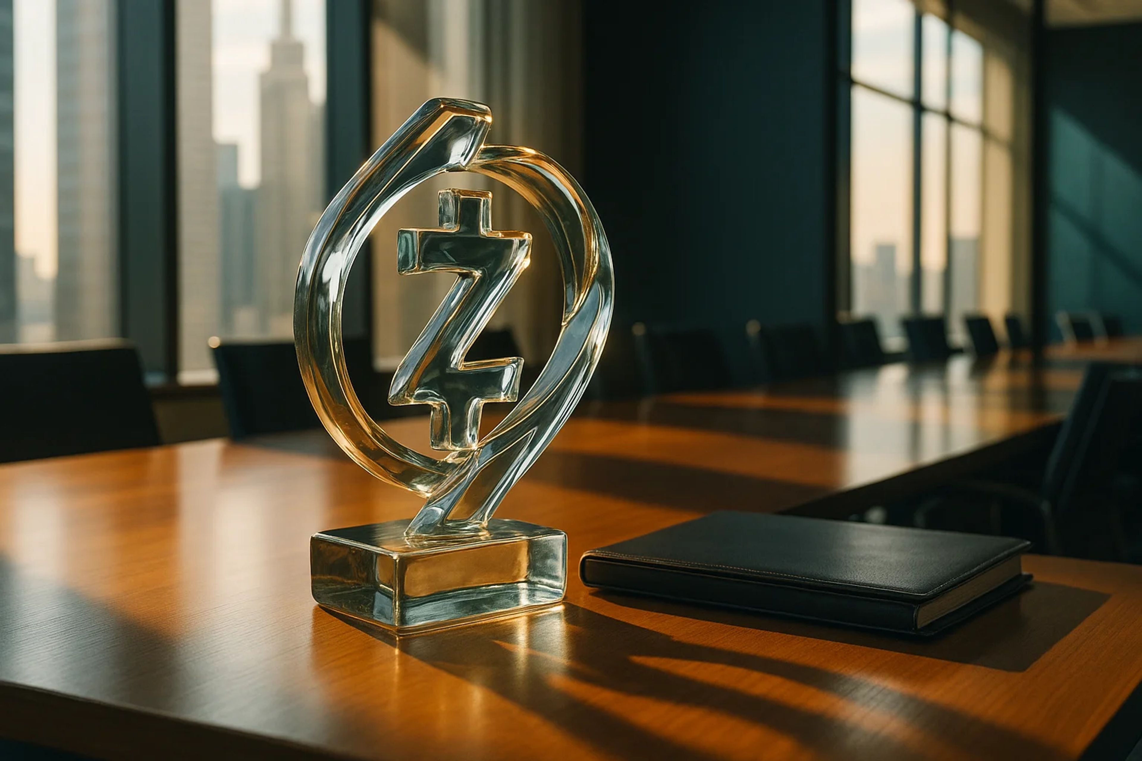 Clear glass trophy on a wooden conference table