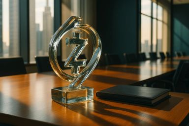 Clear glass trophy on a wooden conference table