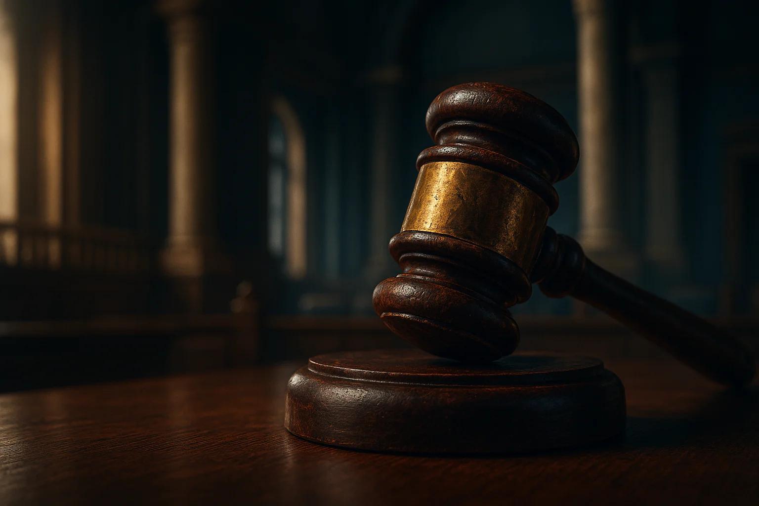 Wooden gavel resting on a dark table
