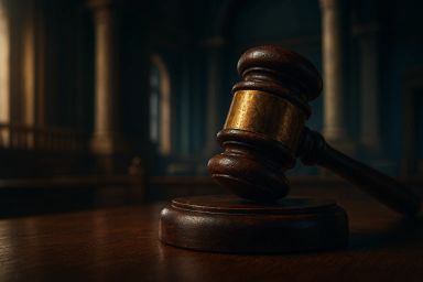 Wooden gavel resting on a dark table