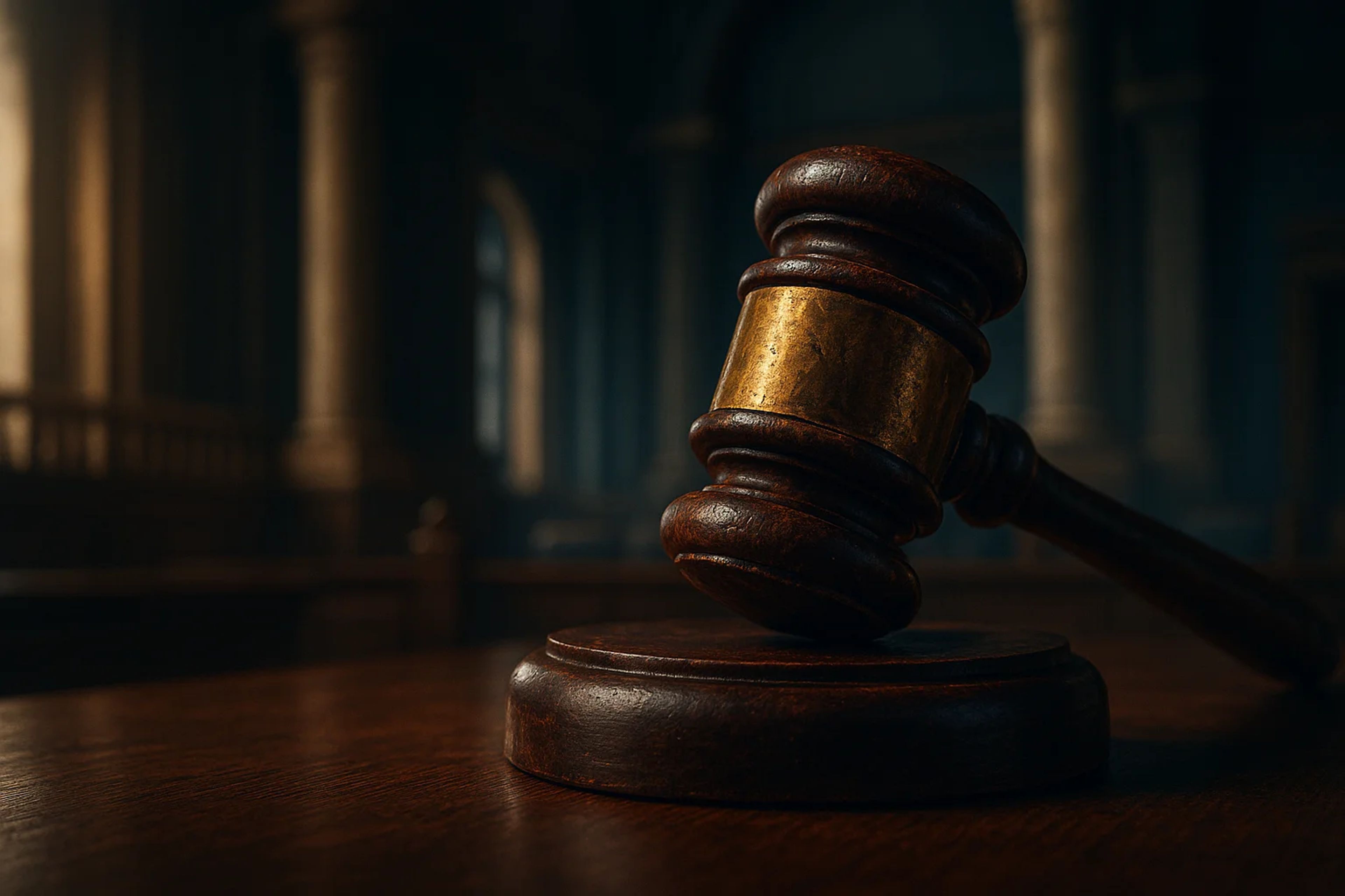 Wooden gavel resting on a dark table