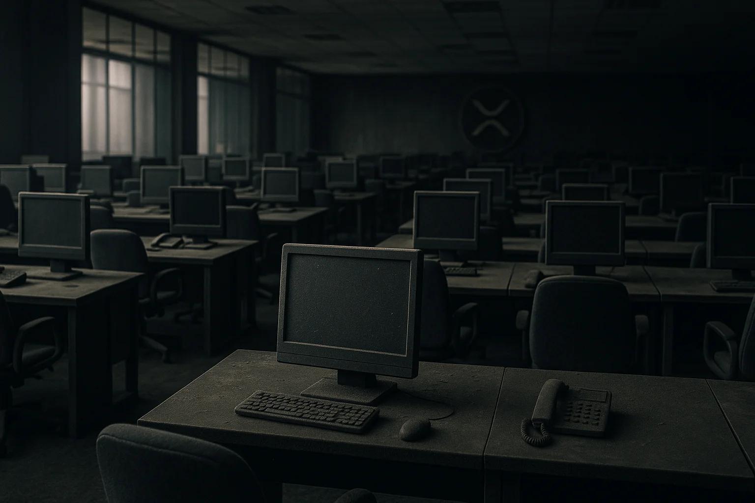 Empty office space with dusty desks and computers