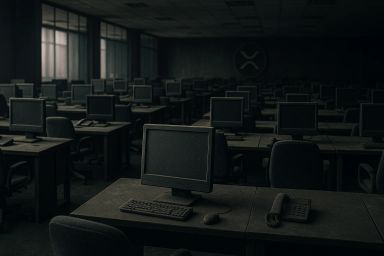 Empty office space with dusty desks and computers