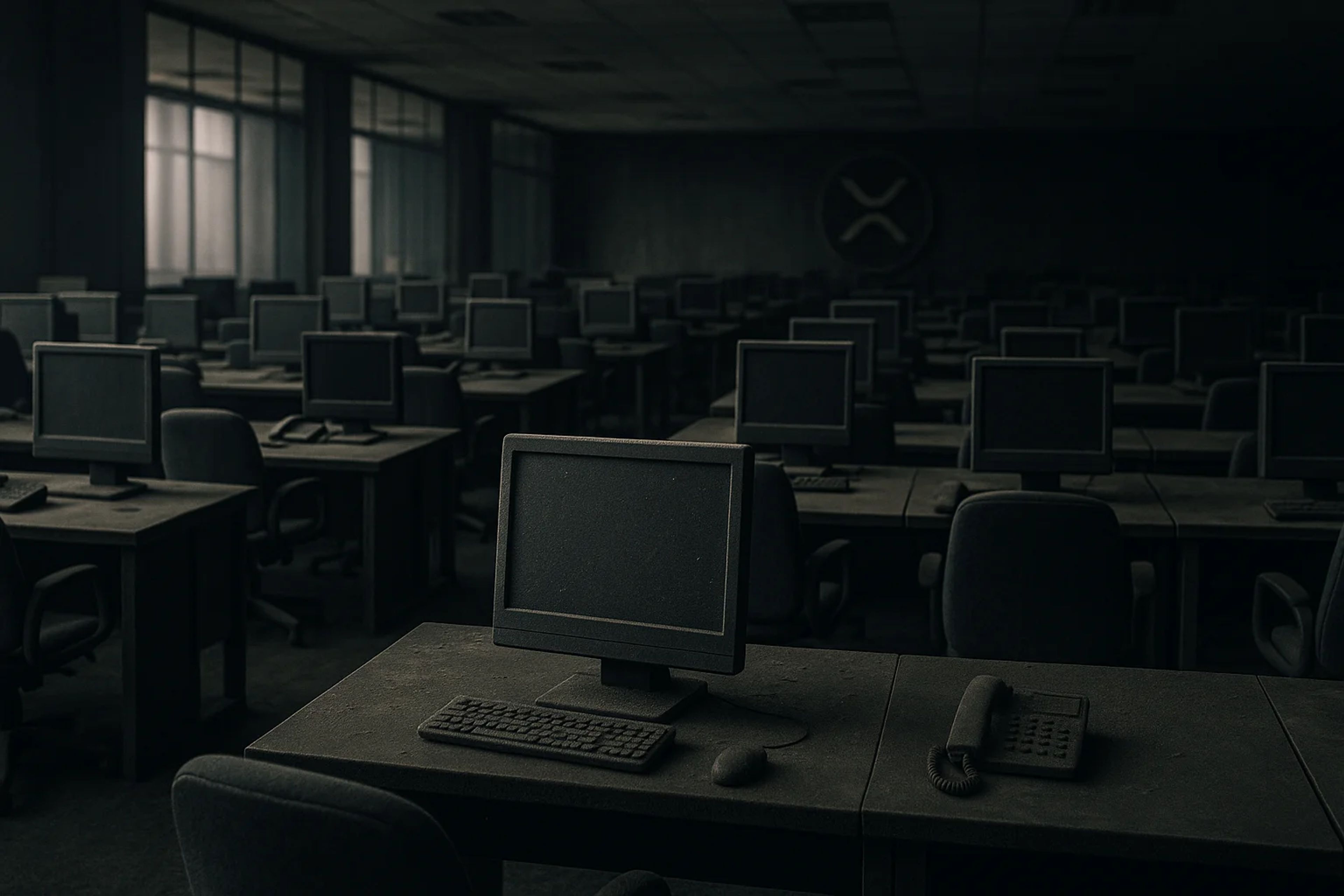 Empty office space with dusty desks and computers