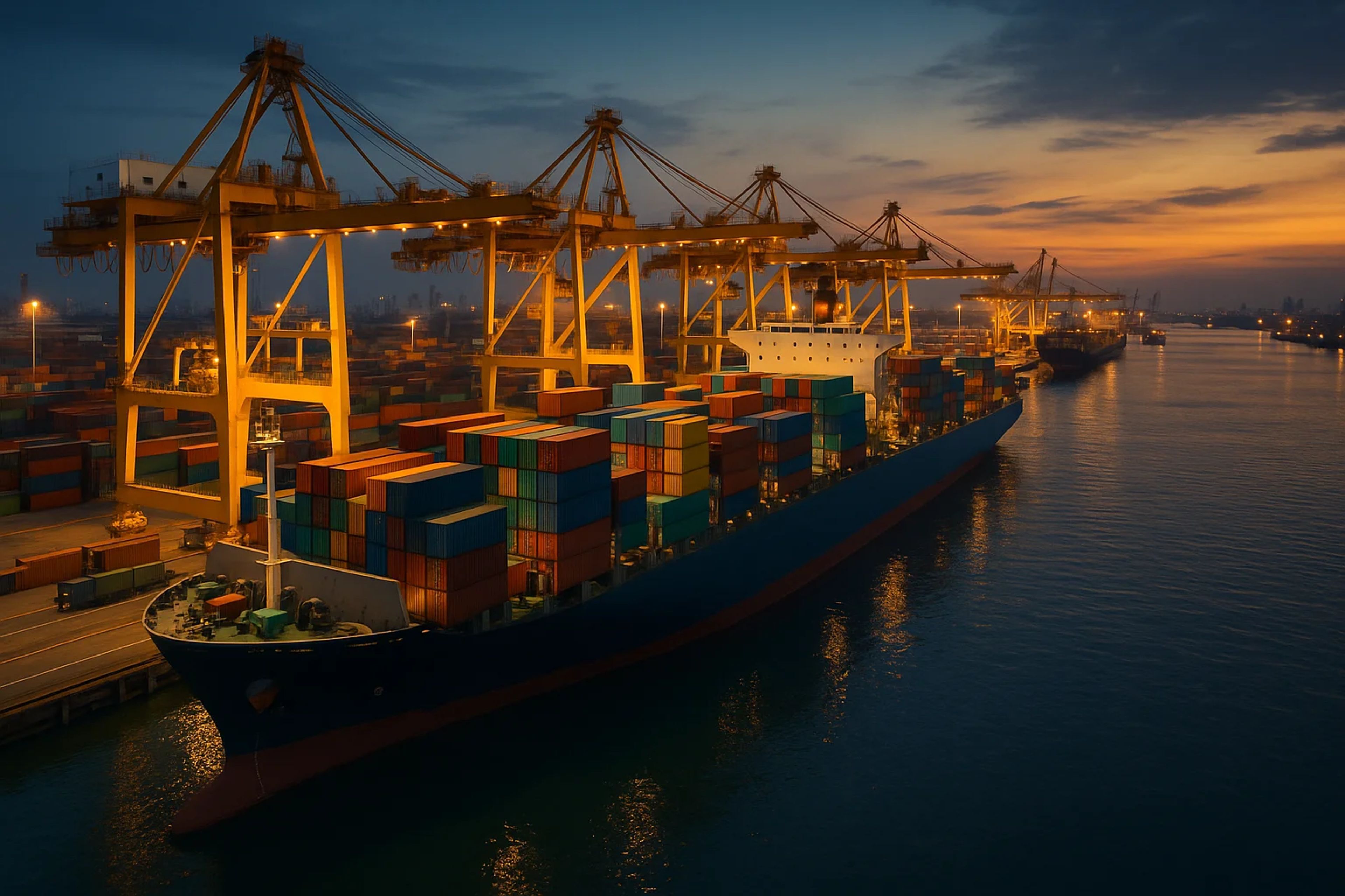Container ship docked at a port at sunset