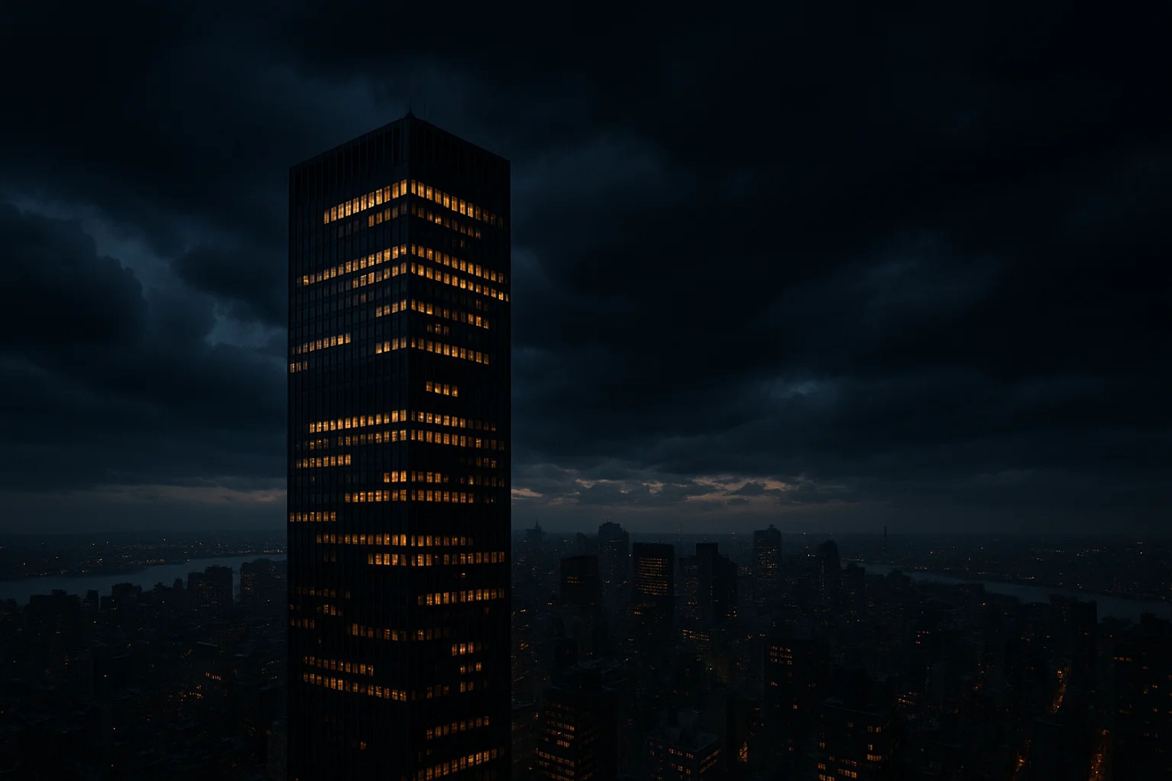 Tall building illuminated against a dark sky