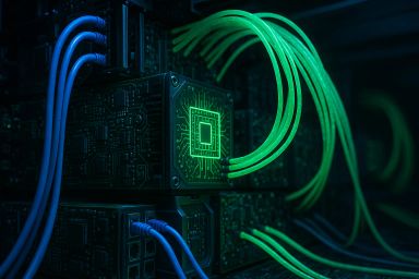 Glowing green circuit board with blue cables
