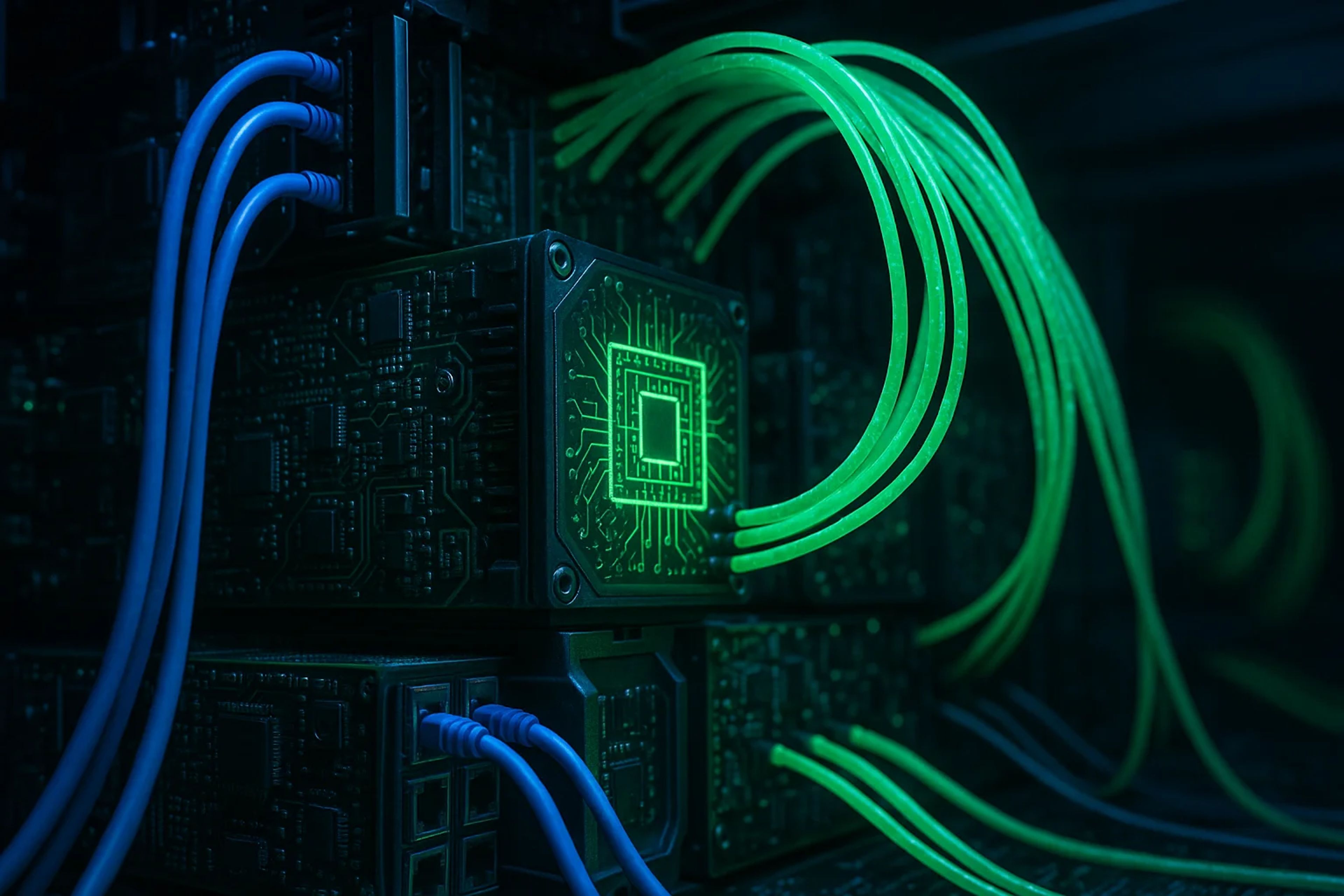 Glowing green circuit board with blue cables