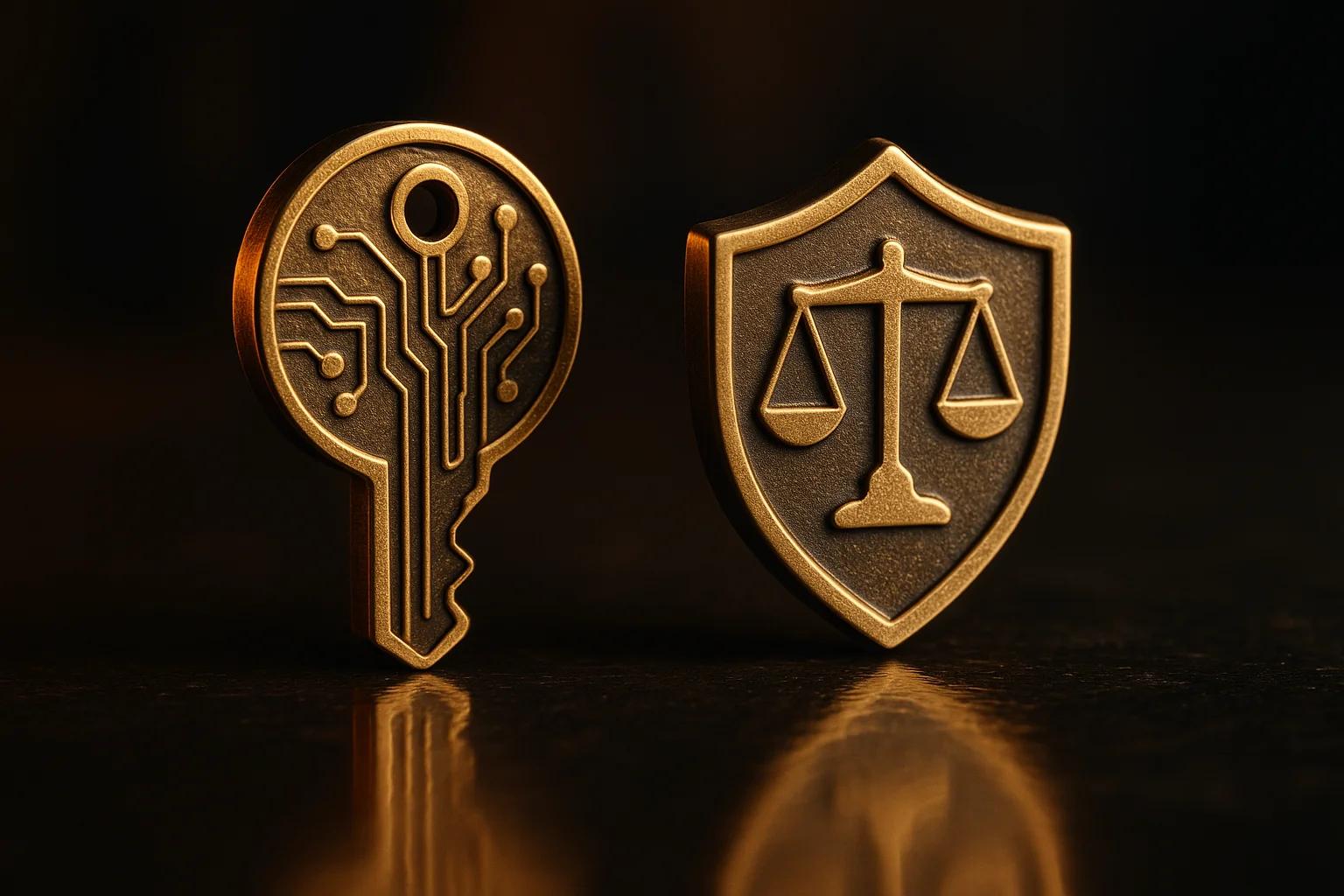 Two golden tokens, one shaped like a key with