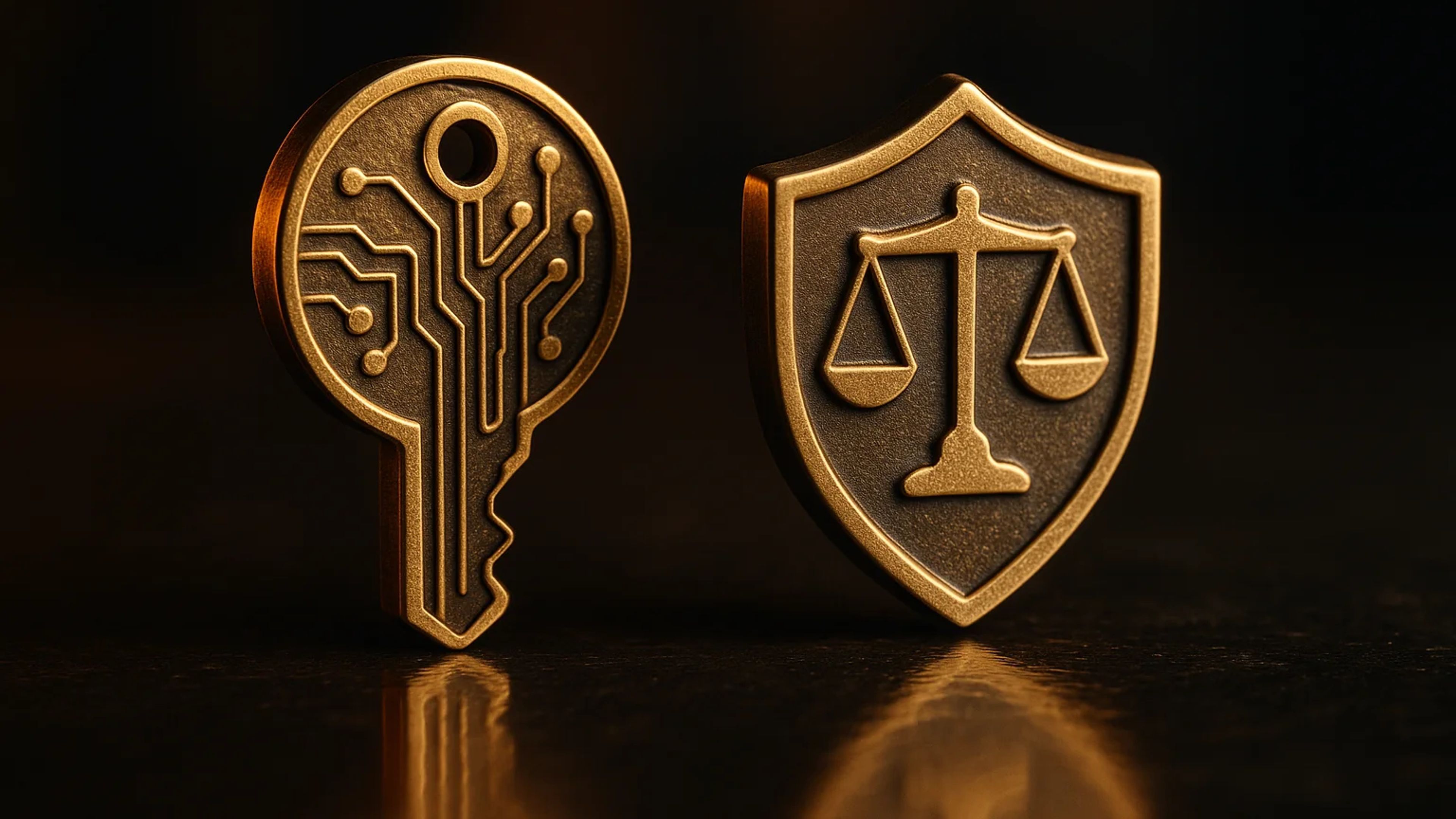 Two golden tokens, one shaped like a key with