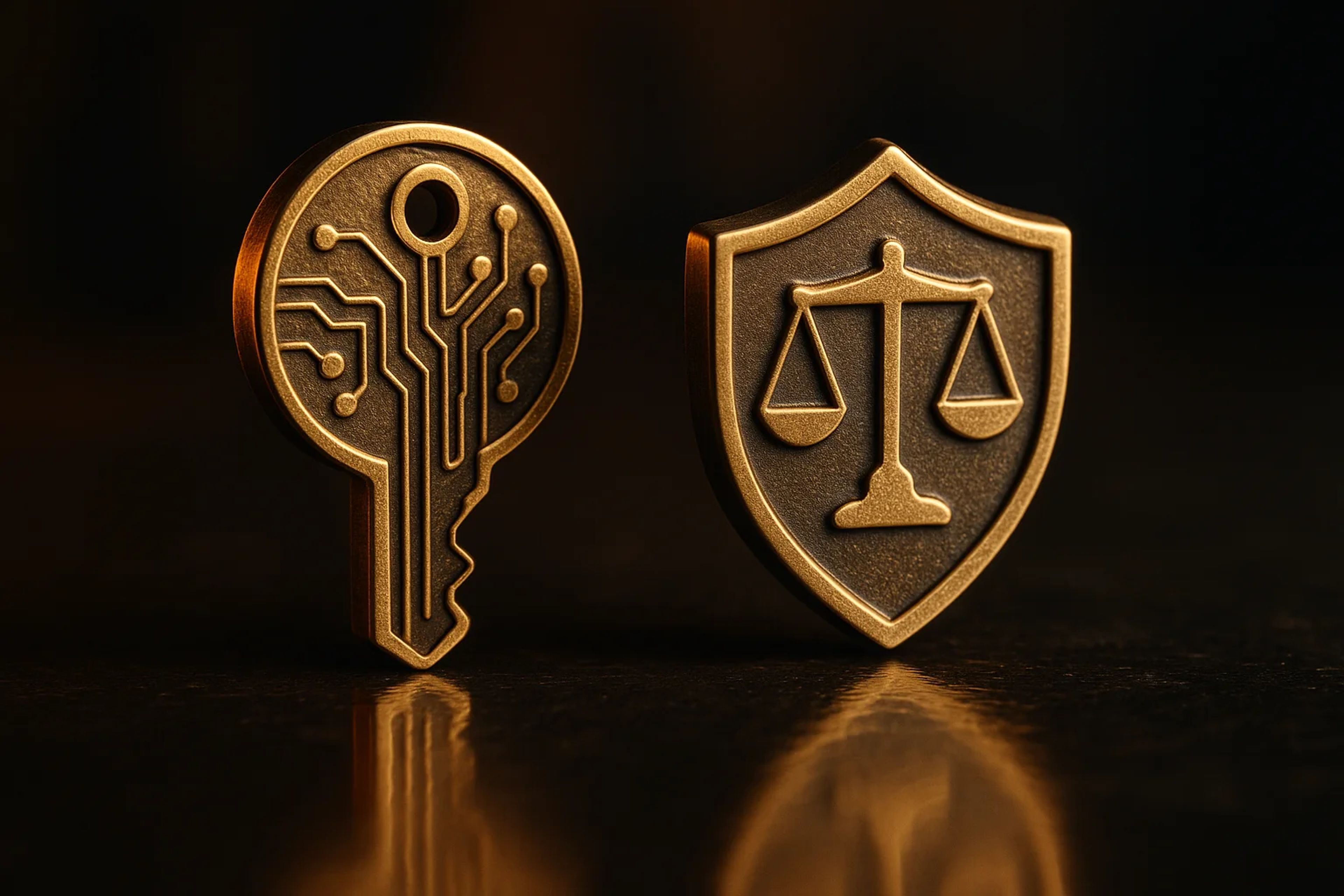 Two golden tokens, one shaped like a key with