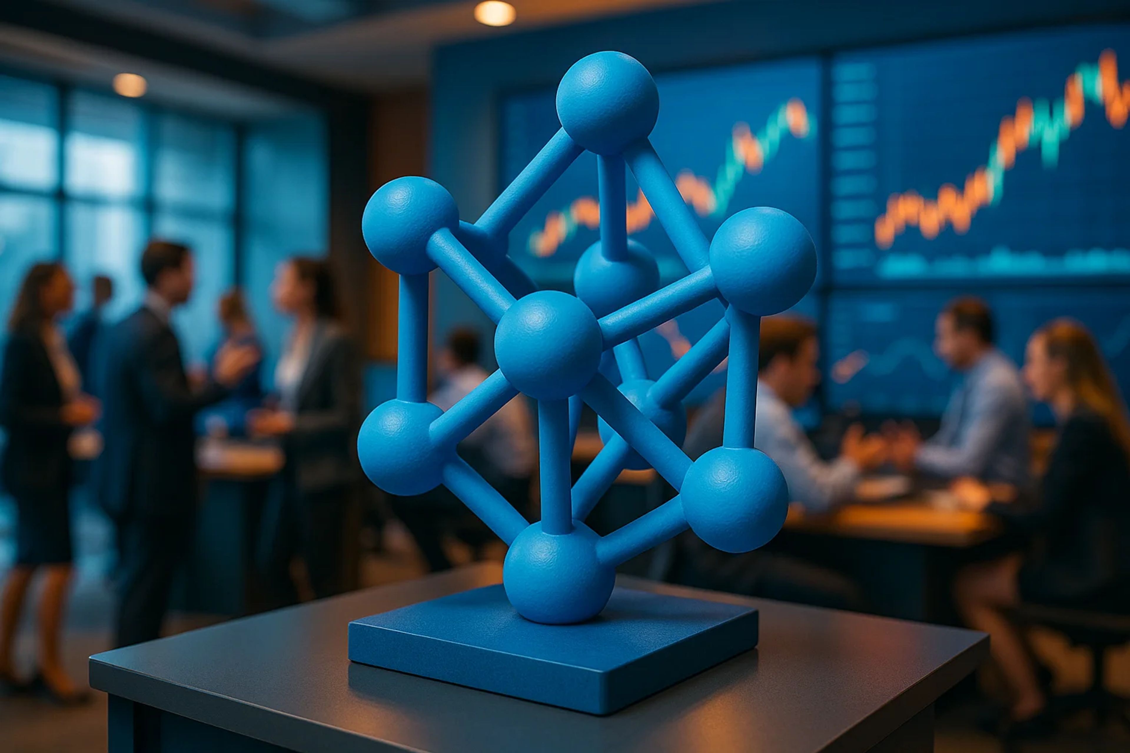 A blue geometric sculpture in an office setting