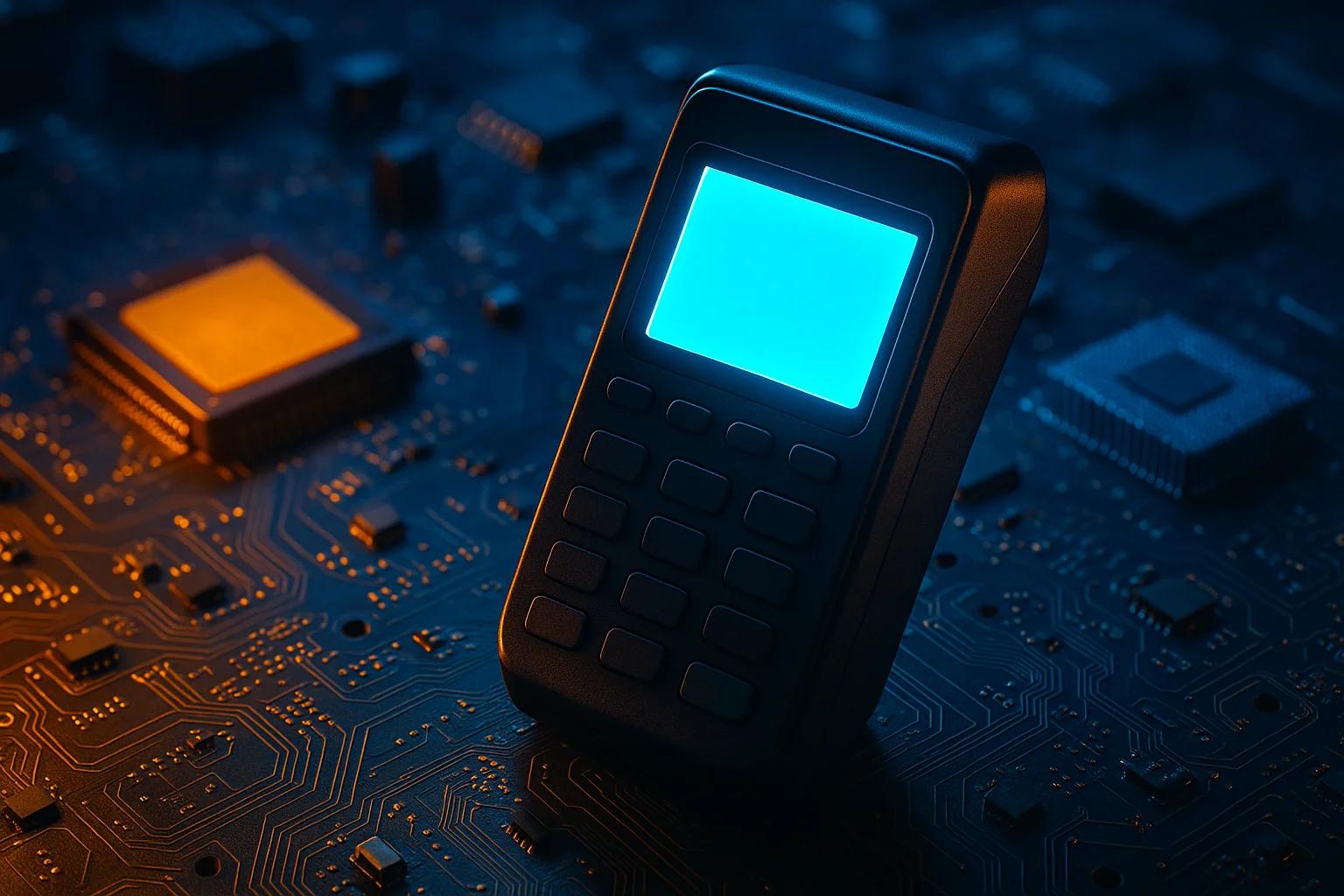 A black device with a blue screen on a circuit