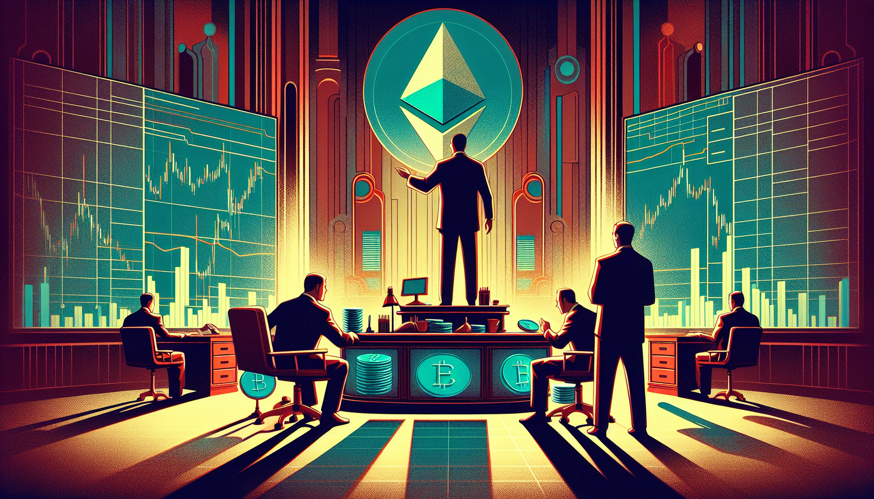 A stylized scene of a business meeting with