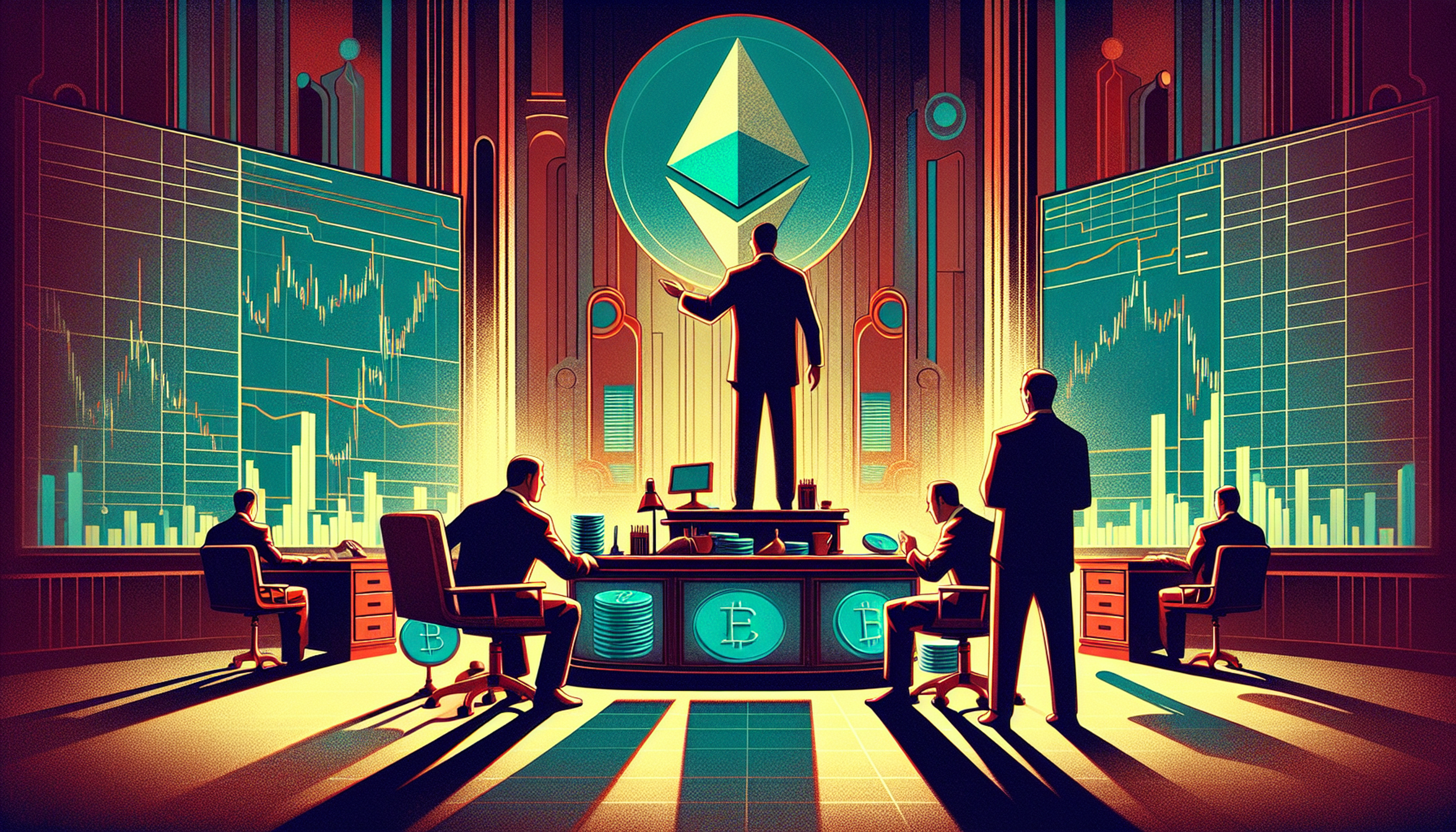 A stylized scene of a business meeting with