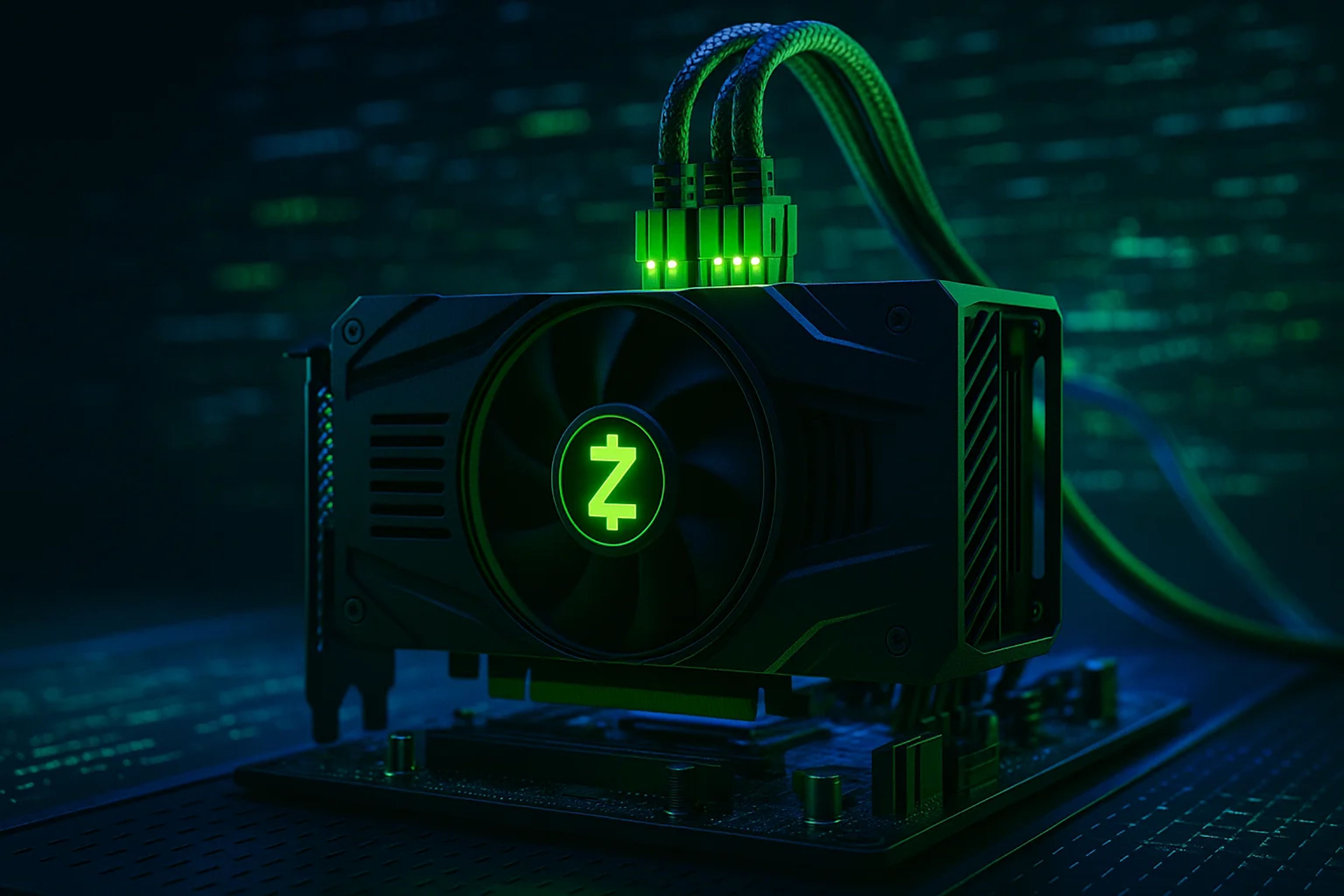 A black graphics card with a green logo