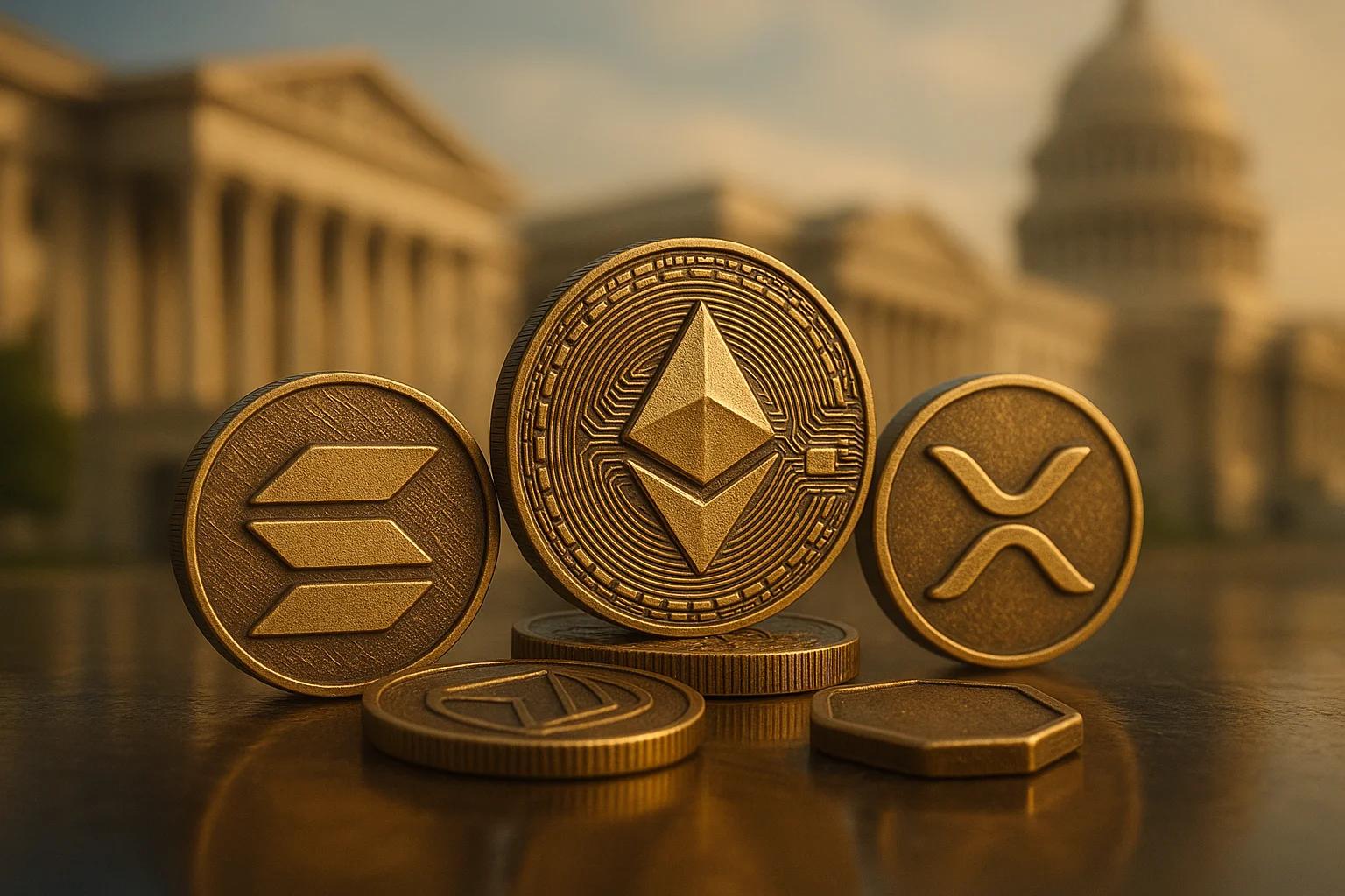 Various cryptocurrency coins arranged on a surface