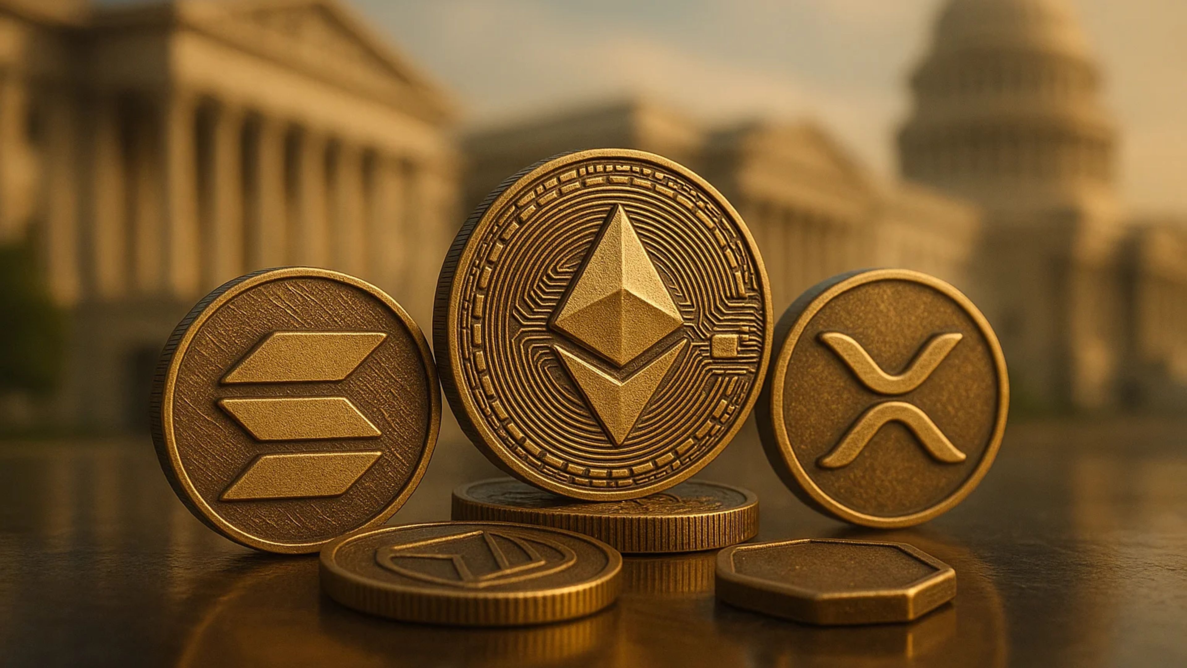 Various cryptocurrency coins arranged on a surface