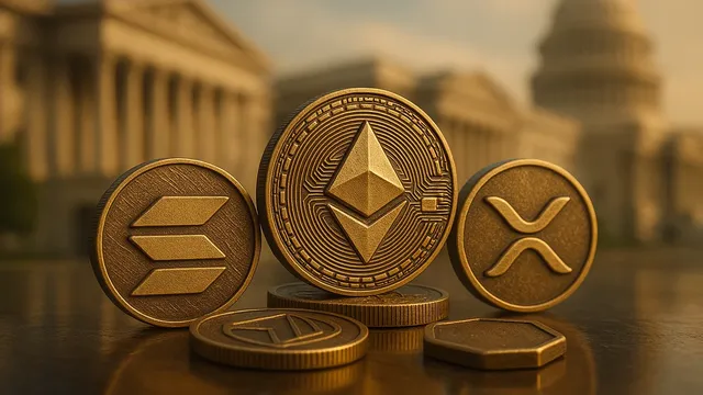 Various cryptocurrency coins arranged on a surface