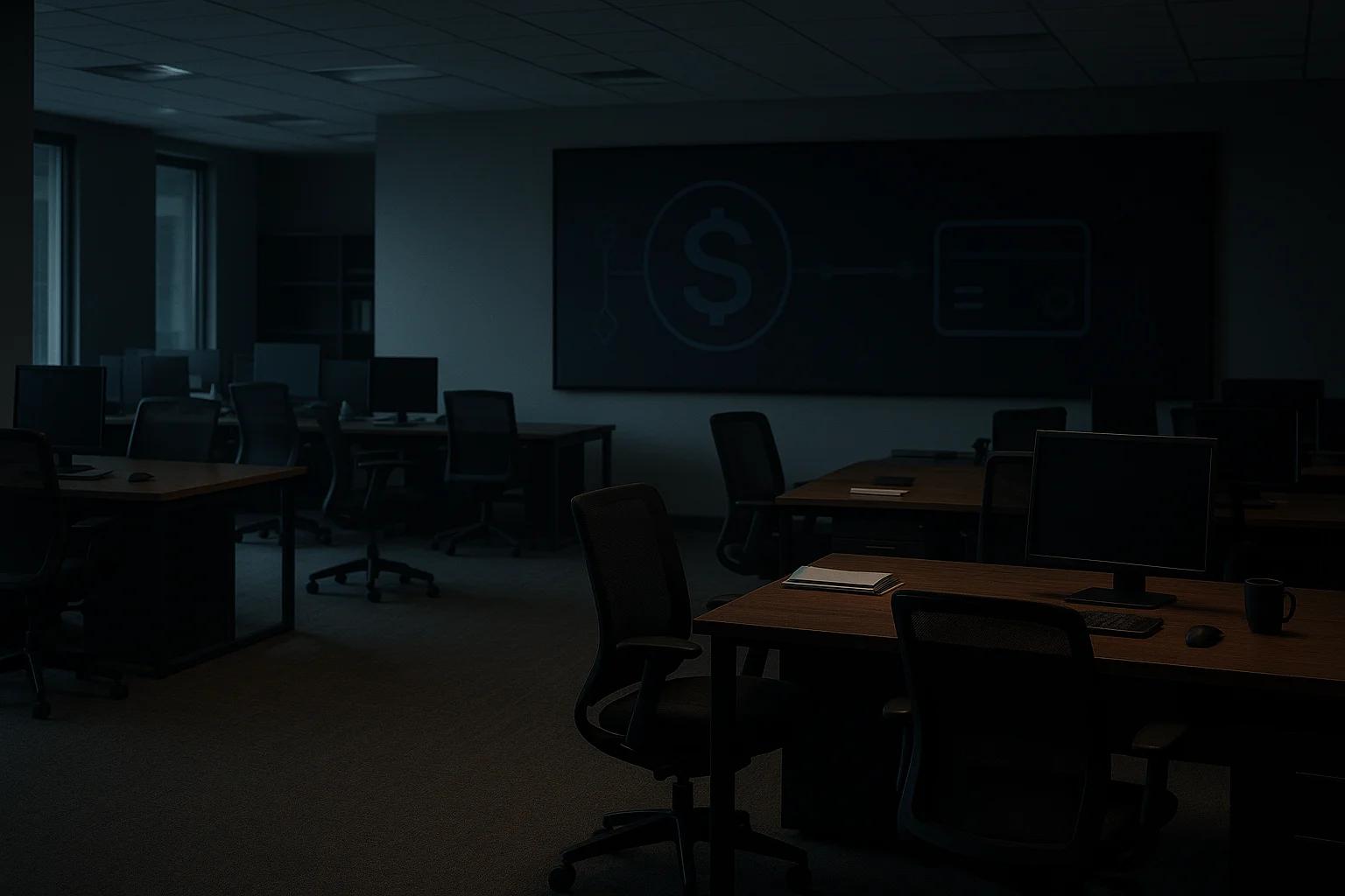Dimly lit office space with empty desks and chairs