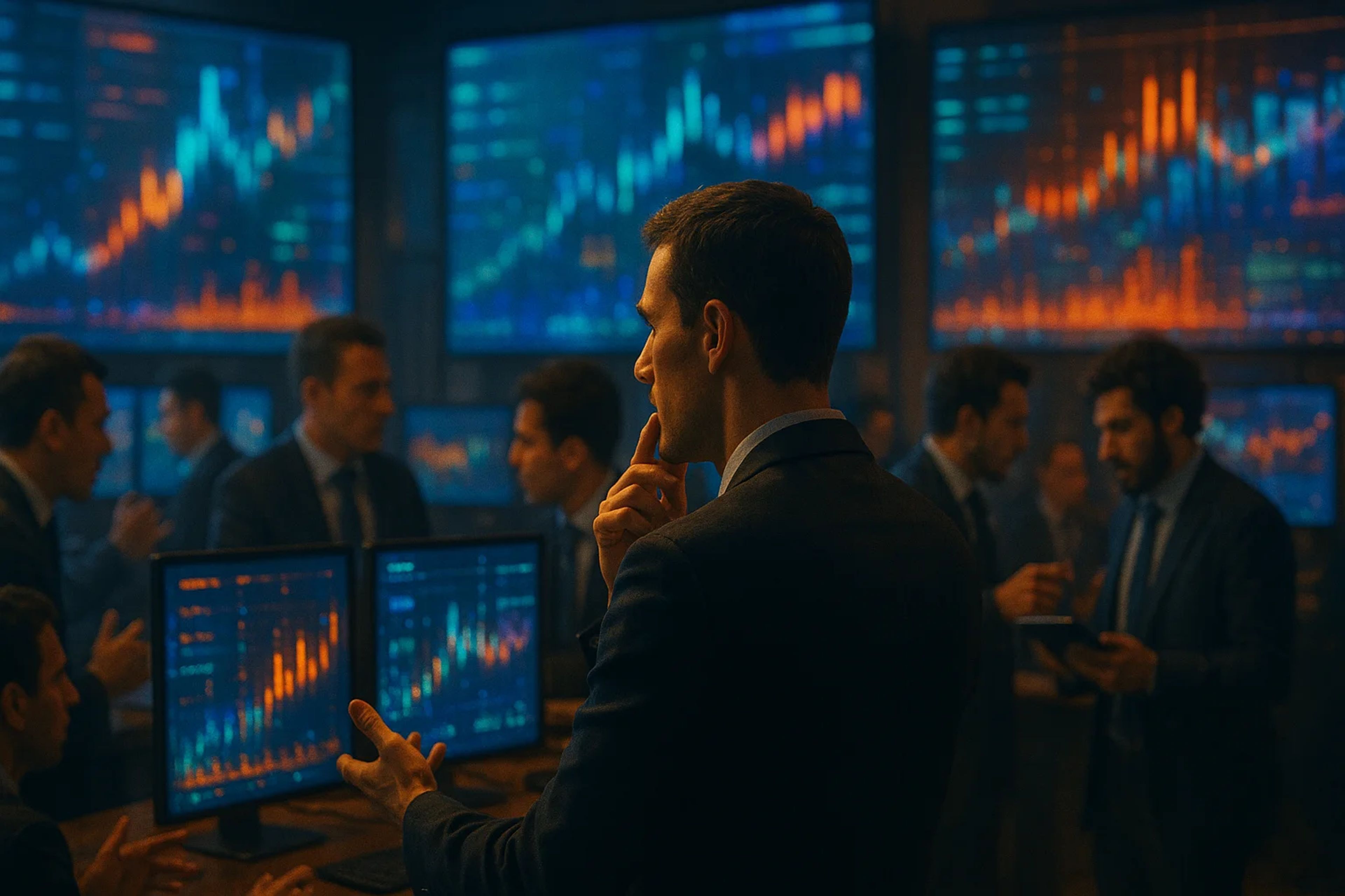Business professionals discussing stock market