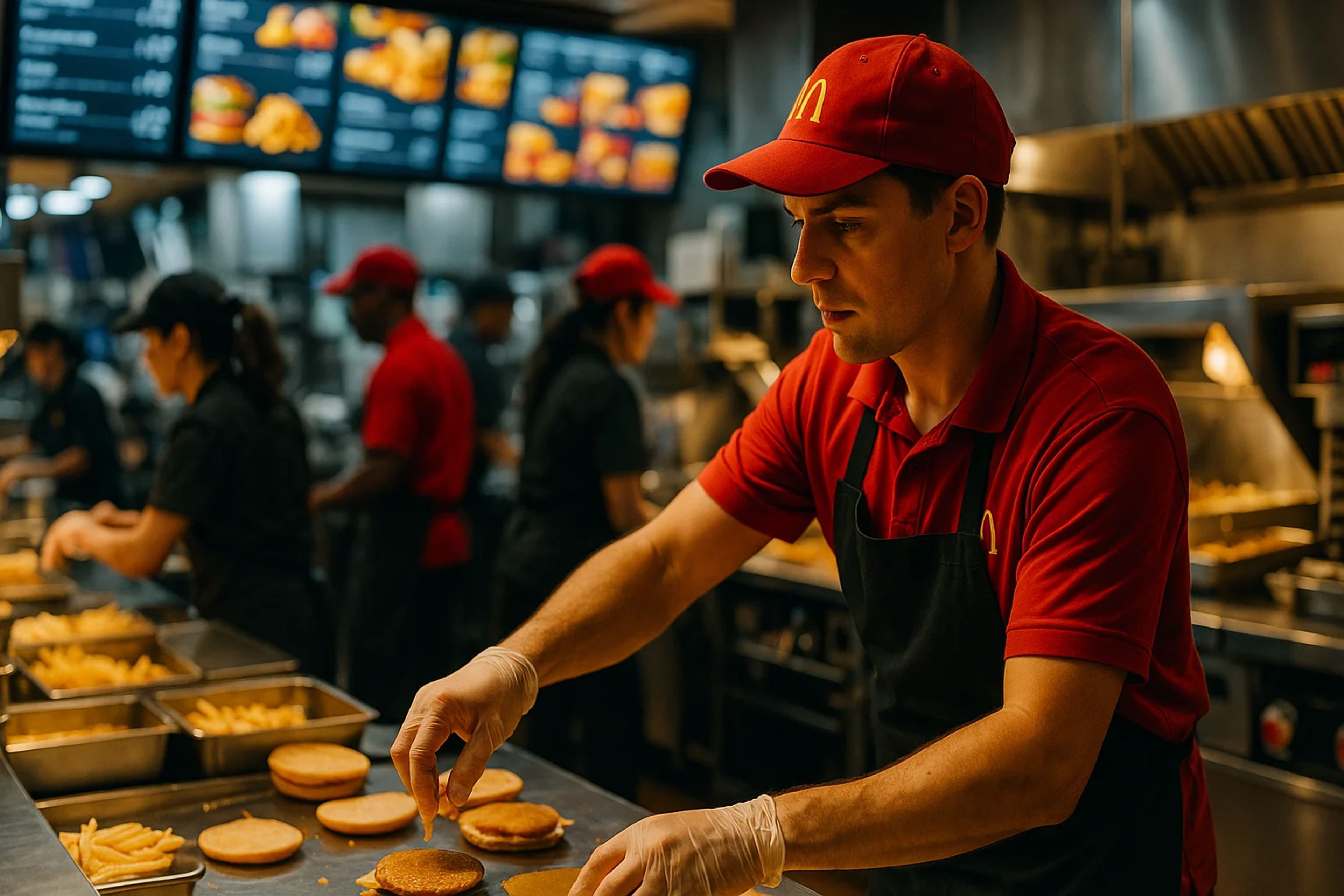 A man in a red cap and shirt prepares food in a