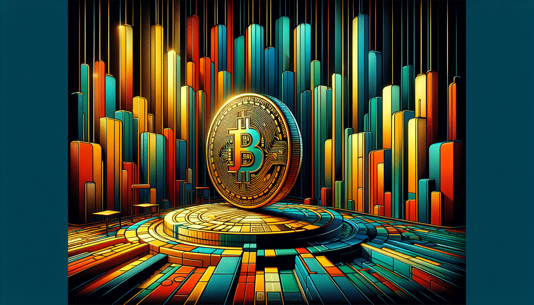 A golden Bitcoin stands on a circular platform