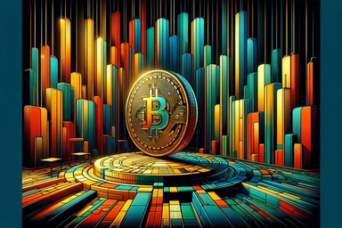 A golden Bitcoin stands on a circular platform