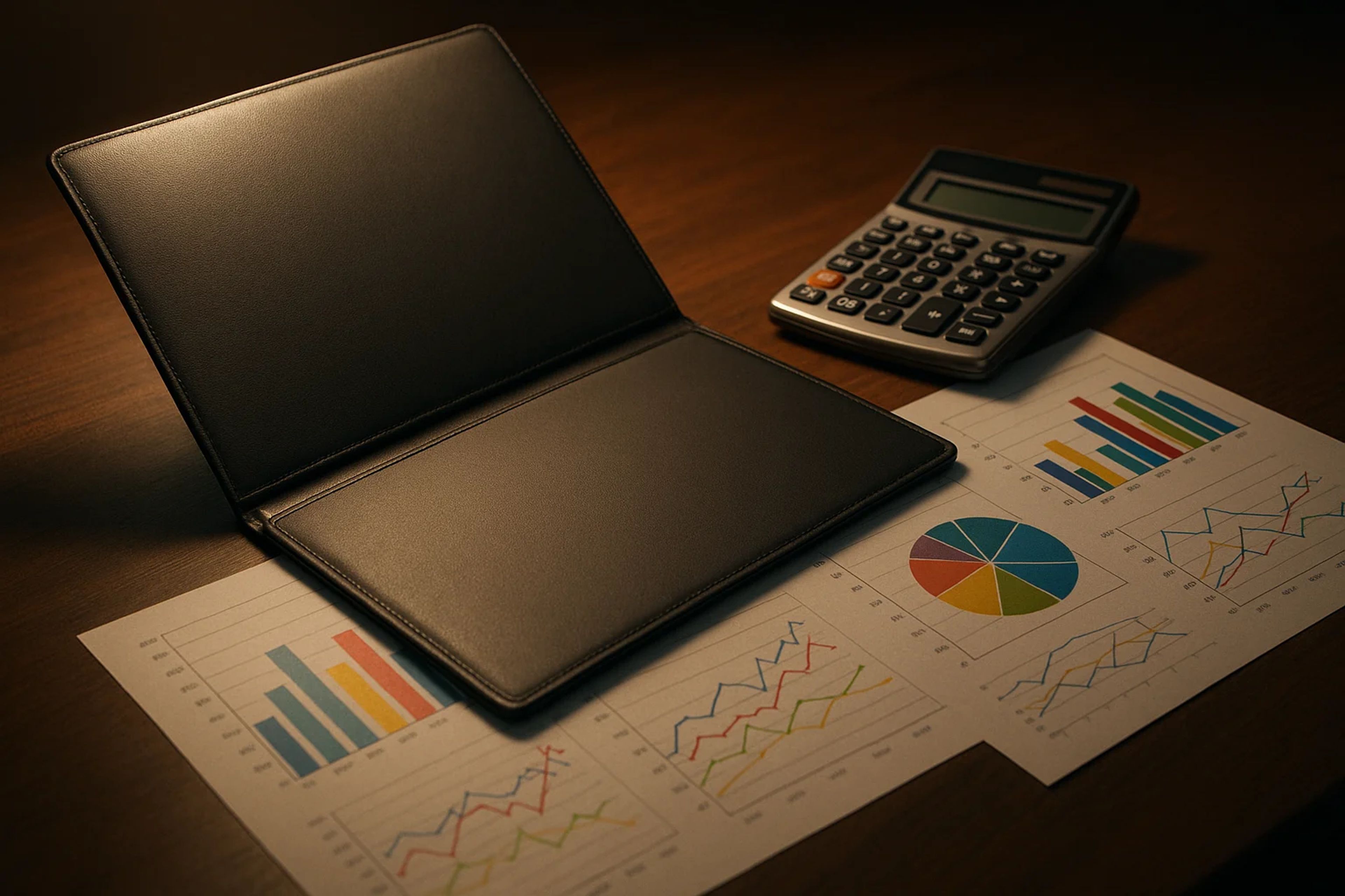 Open black portfolio on a wooden desk with graphs
