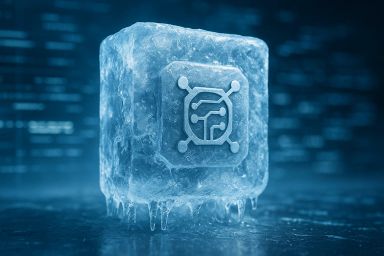 A frozen ice cube with a circuit-like design