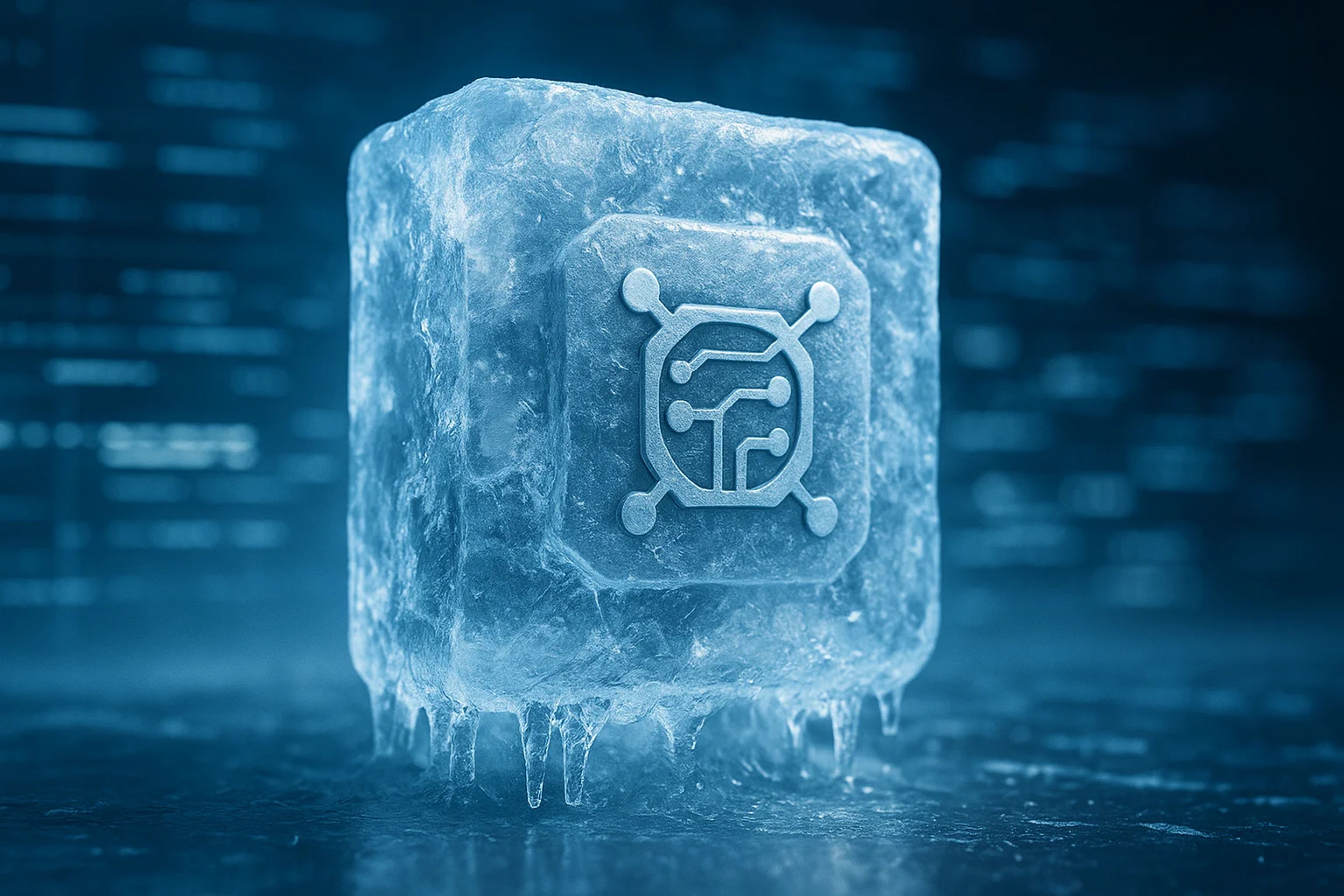 A frozen ice cube with a circuit-like design