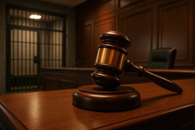 Wooden gavel resting on a desk in a courtroom