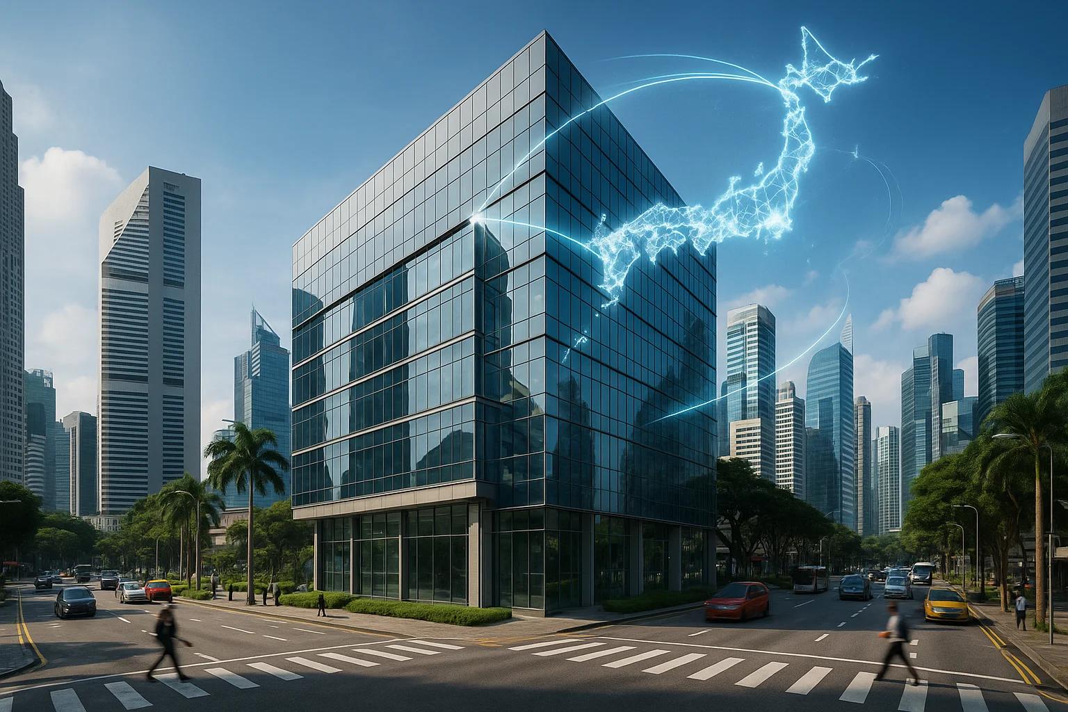 Modern glass building in a cityscape with palm