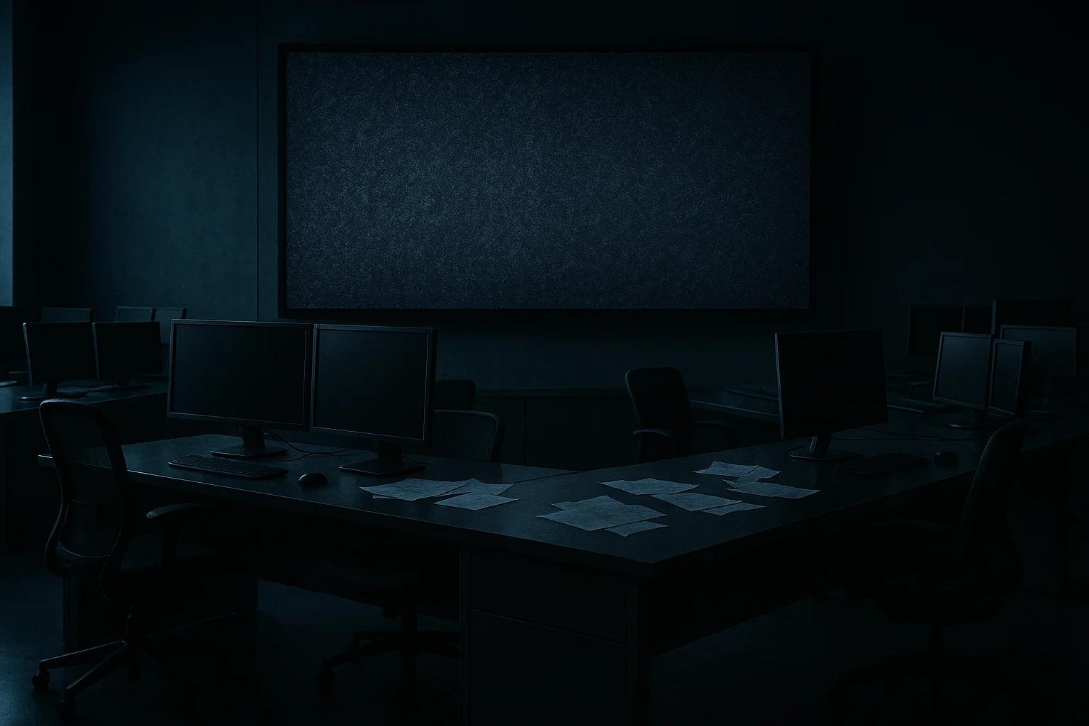 Dimly lit office with dark walls and empty desks