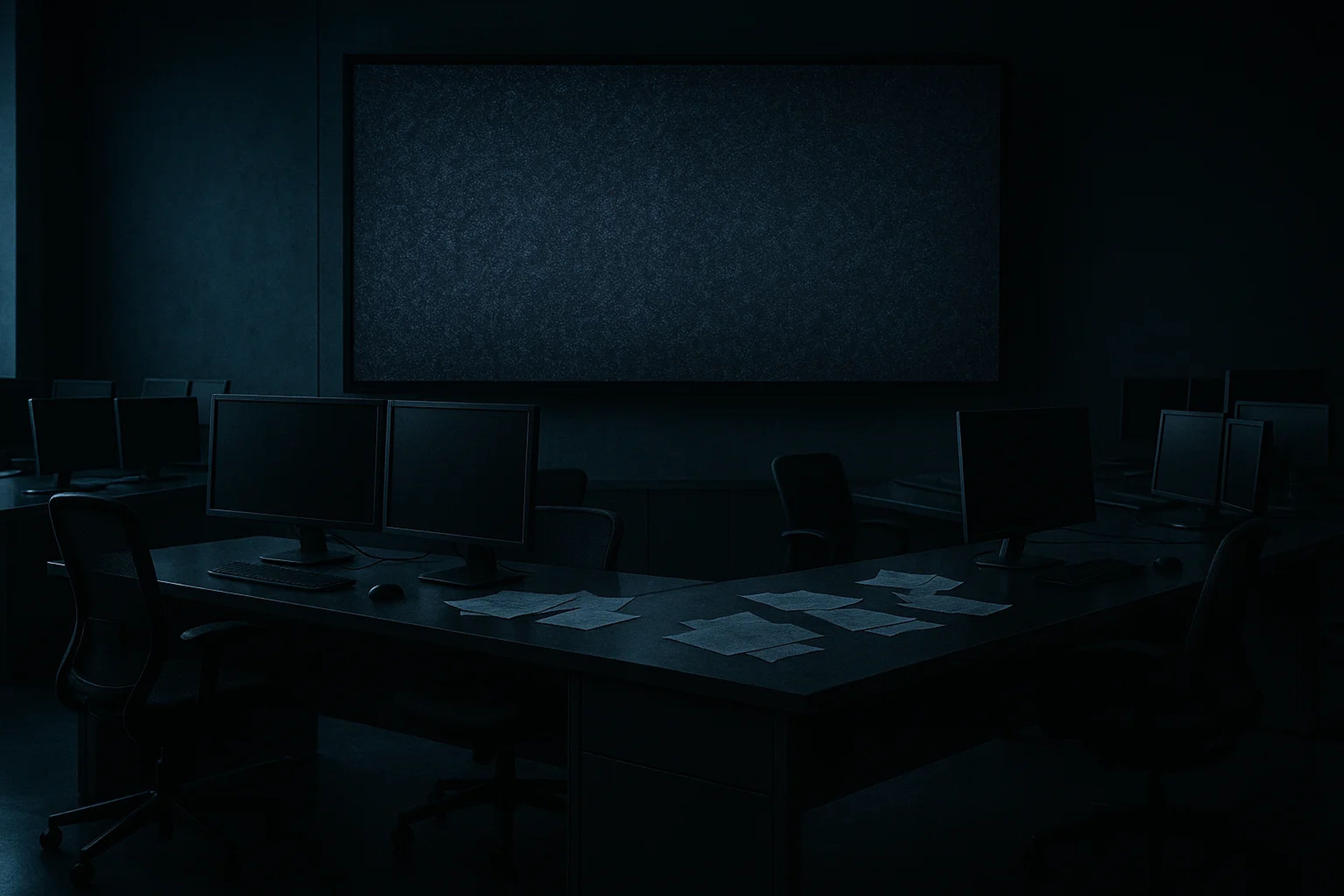 Dimly lit office with dark walls and empty desks