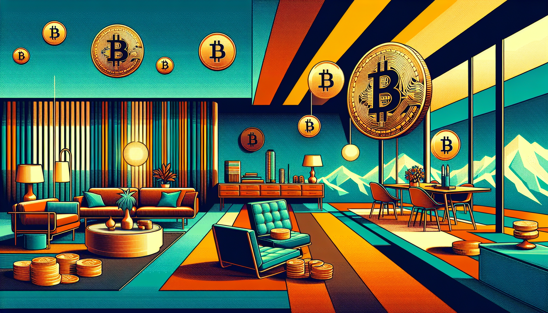 Stylized interior with Bitcoin symbols and
