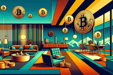 Stylized interior with Bitcoin symbols and