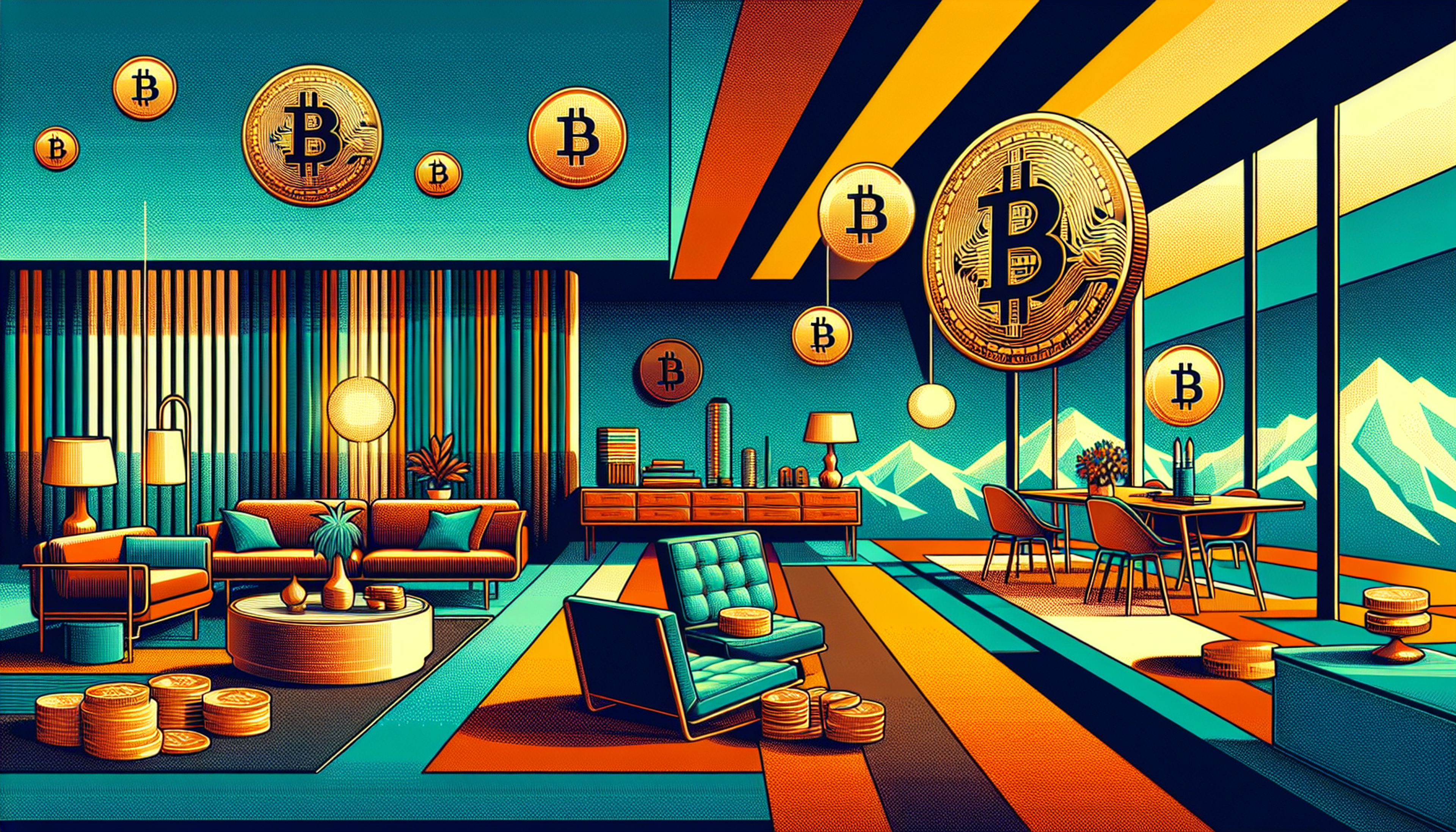Stylized interior with Bitcoin symbols and