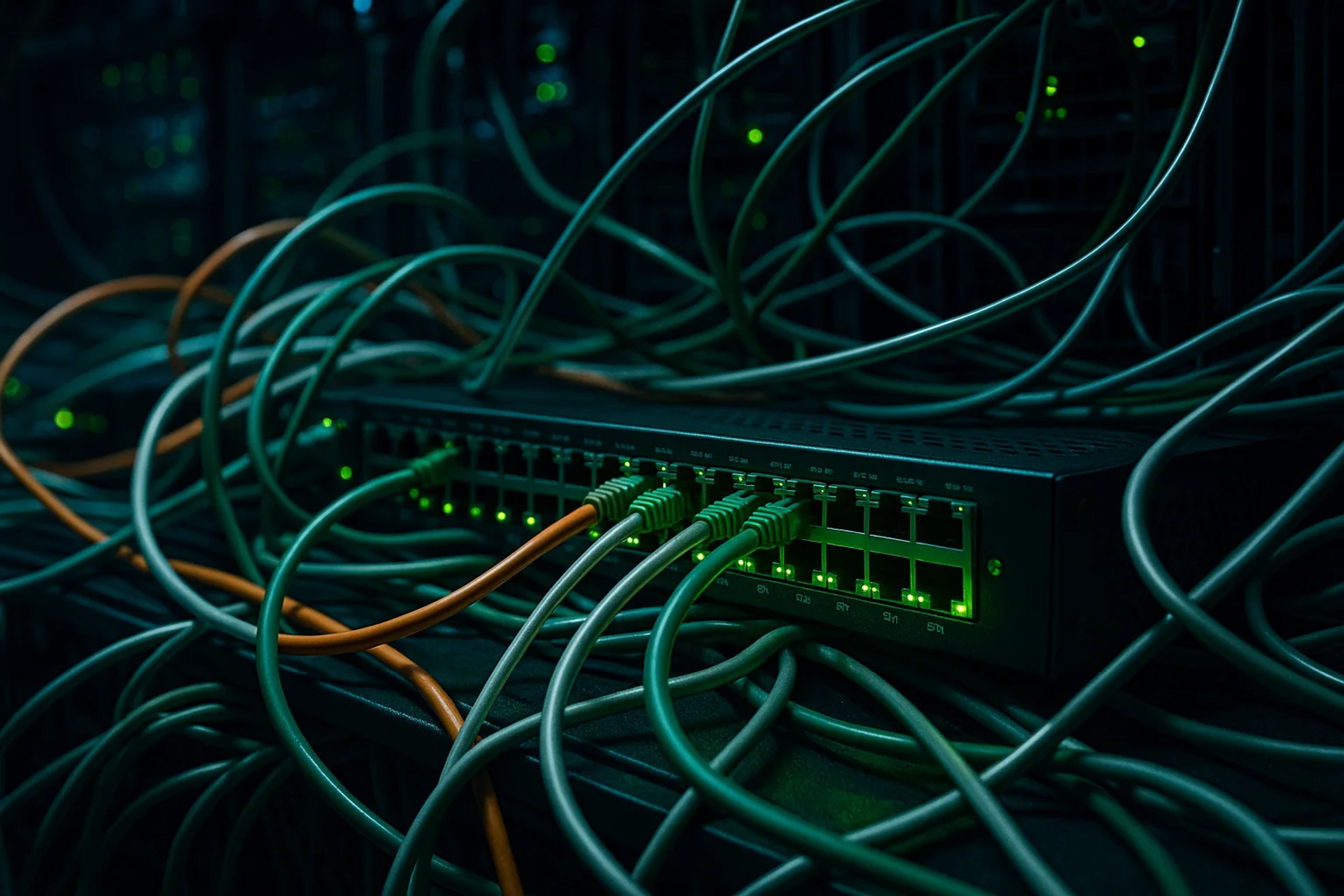Network switch surrounded by tangled cables