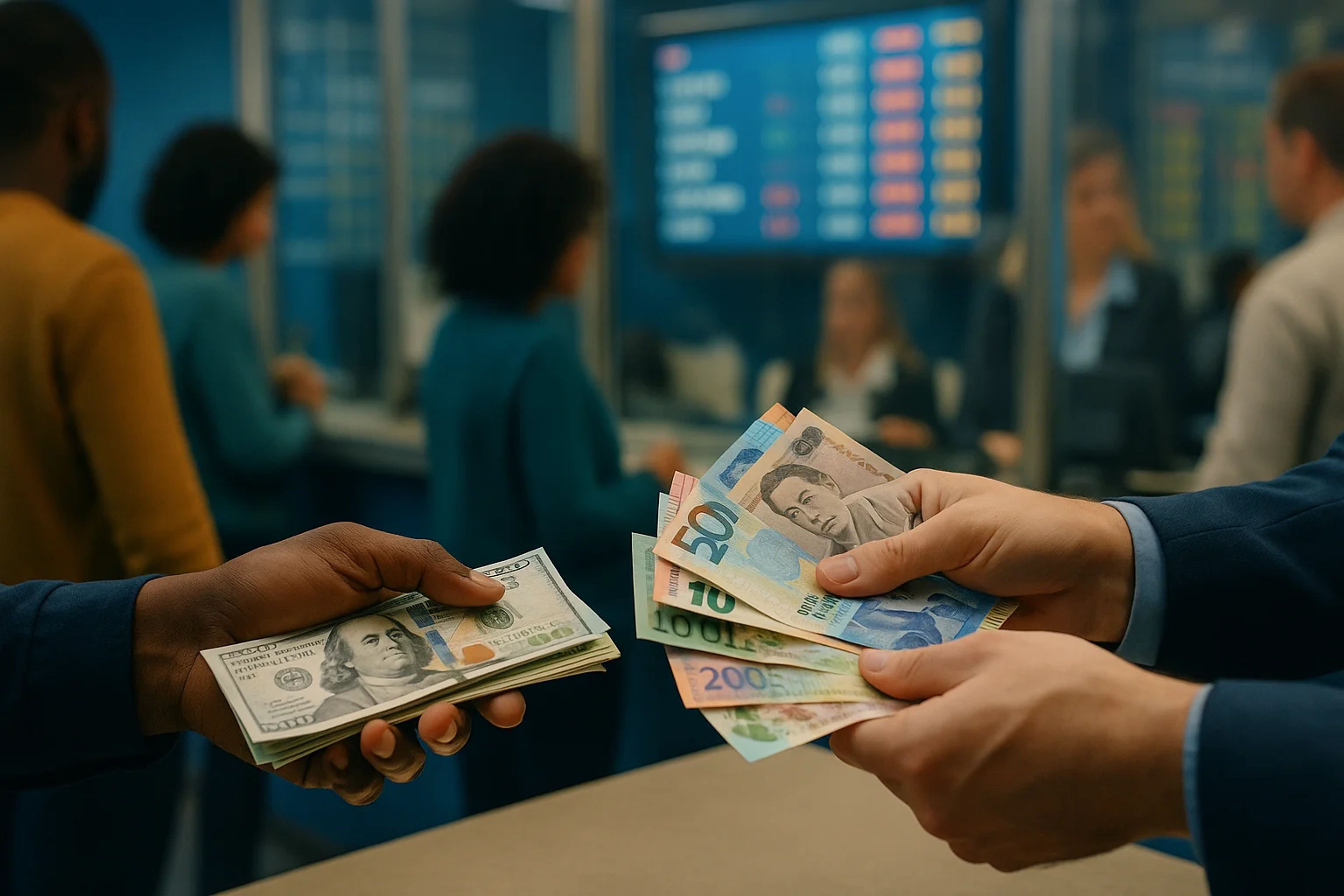 Hands exchanging cash in a currency exchange