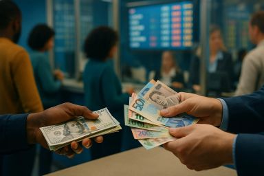 Hands exchanging cash in a currency exchange