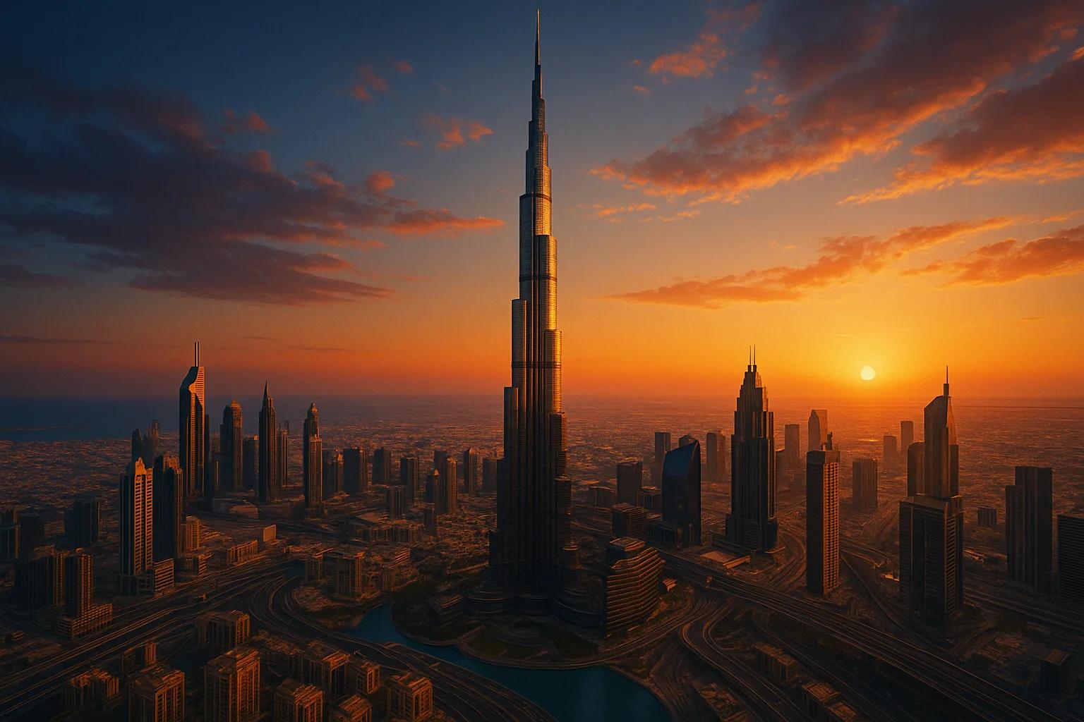Burj Khalifa at sunset with city skyline