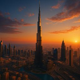 Burj Khalifa at sunset with city skyline