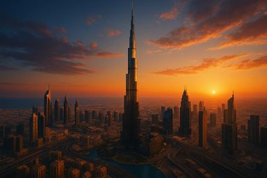 Burj Khalifa at sunset with city skyline